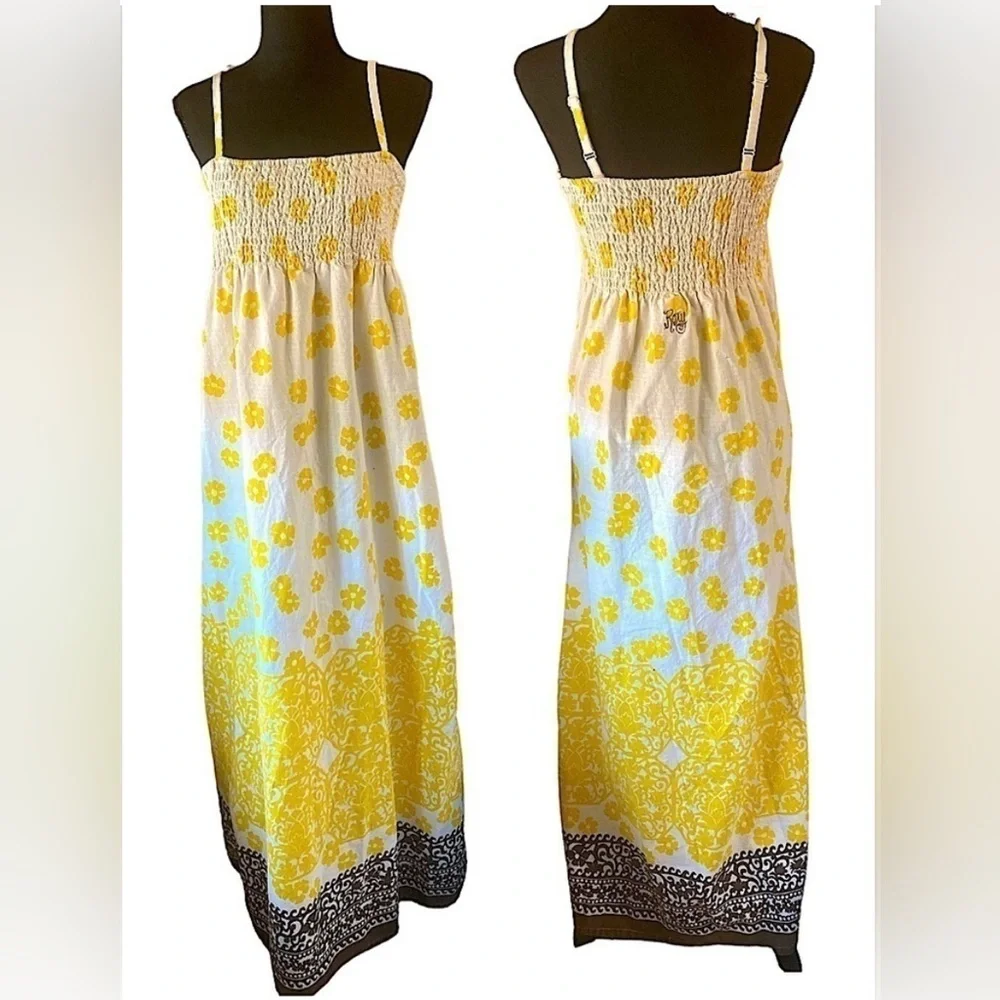 Vintage Roxy Maxi Sundress Yellow White Brown Floral Smocked Cotton Size Small - Picture 2 of 5